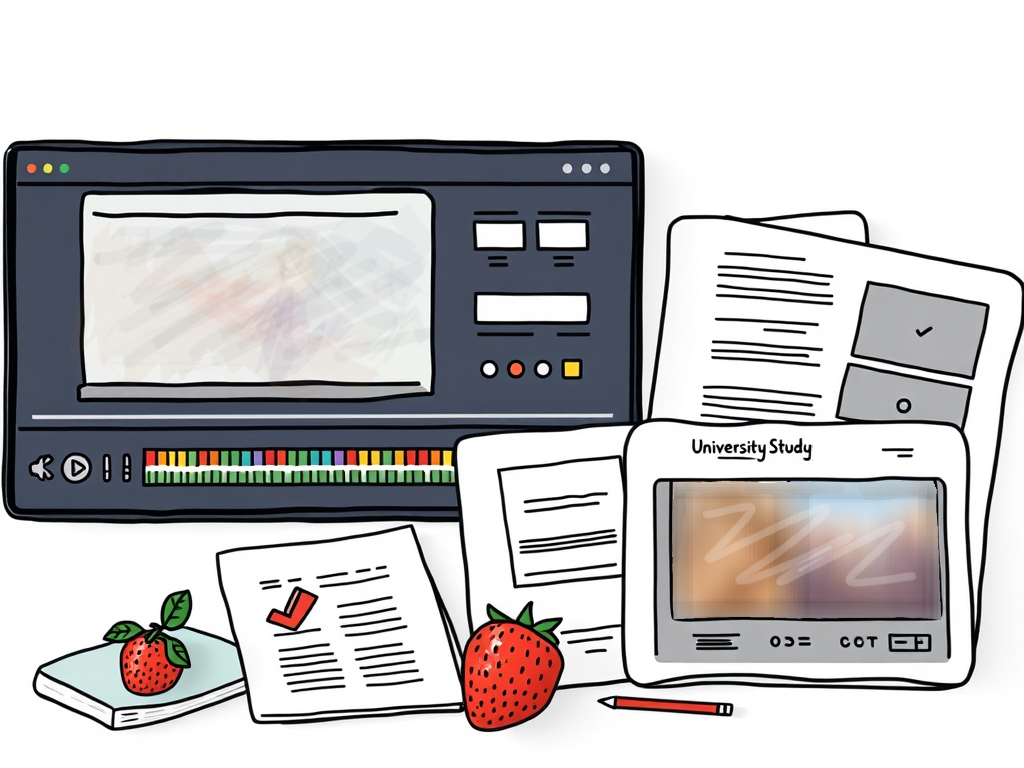 An illustration depicting a video editing software interface alongside various documents, including study materials labeled 'University Study', with strawberries and a pencil in the scene.